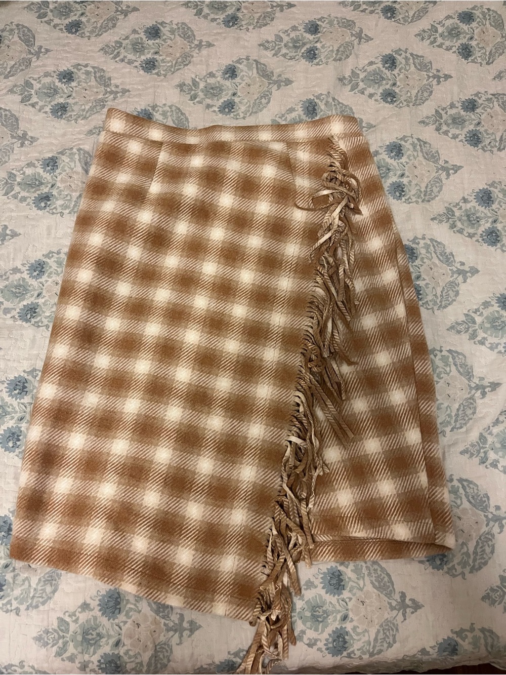 Time and Tru Tan and Cream Plaid Fringe Wrap Skirt